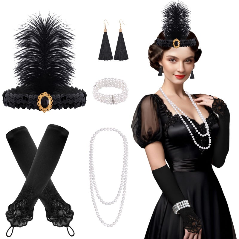 FEPITO 8 Pieces 1920s Flapper Great Gatsby Accessories Set Fashion Roaring 20's Theme Set with Headband Headpiece Long Black Gloves Necklace Earrings for Womenï¼ˆSet Dï¼‰ - Image 1